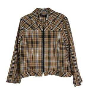 Vintage tan black white plaid preppy zip cropped lightweight jacket 10